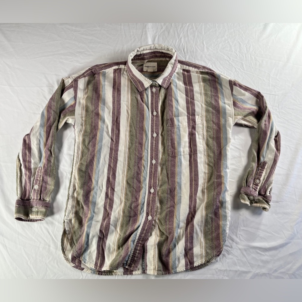Women's American Eagle Oversized Fit Purple Long Sleeve Striped Flannel Size XS